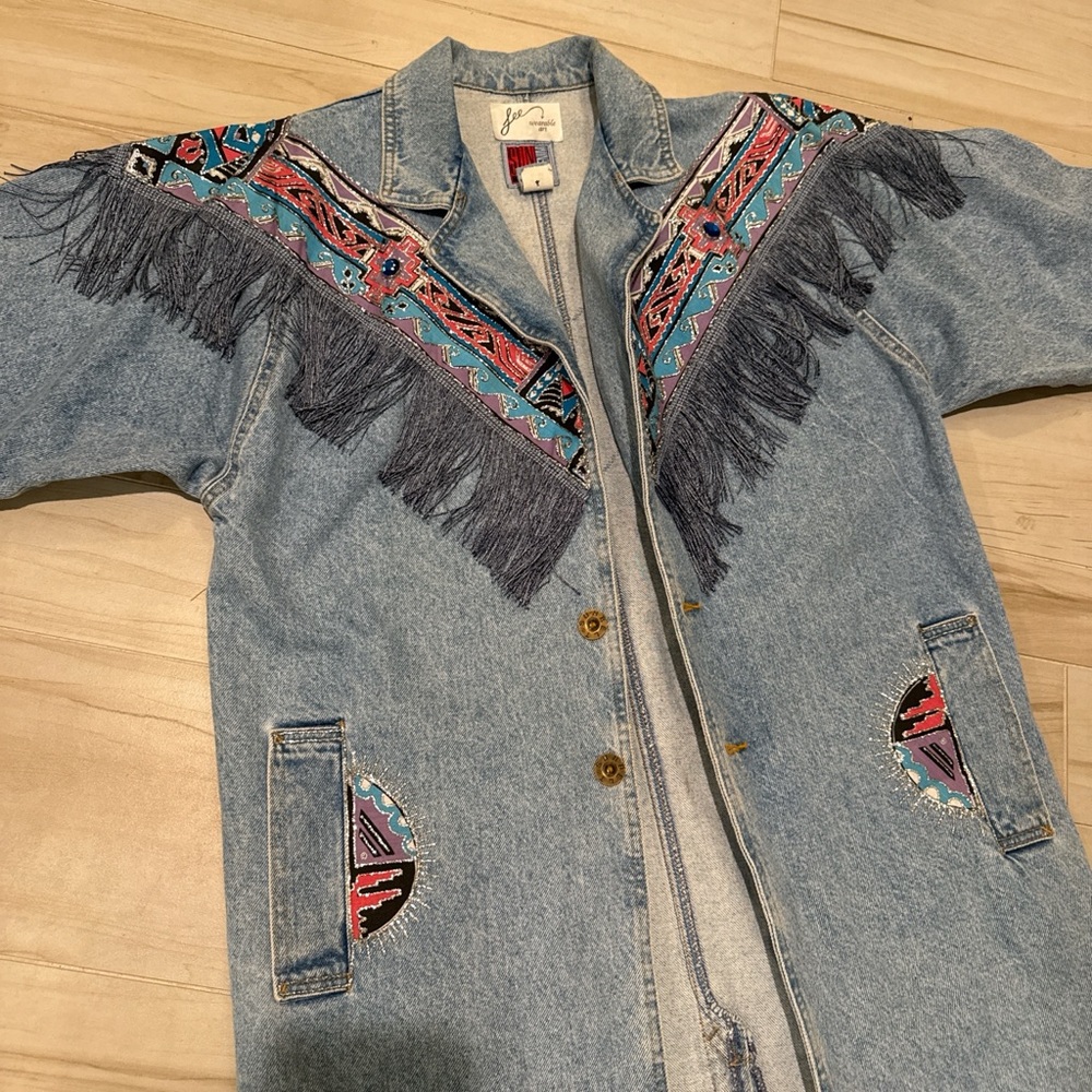 Vintage 90s #Denim Fringe Trench • Aztec #Western Jacket • FREE SHIPPING - Picture 4 of 16